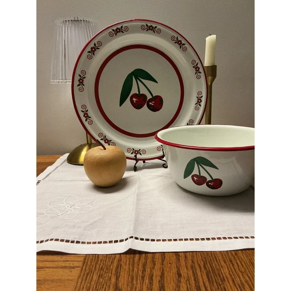 Vintage Enamelware Cherry‎ Plate and Bowl Set White Red Farmhouse Kitchen Decor